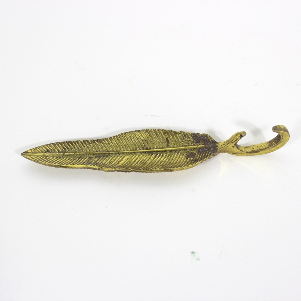 Vintage Gold Brass Feather Bottle Opener, MCM Beer or Pop Bottle Opener Leaf
